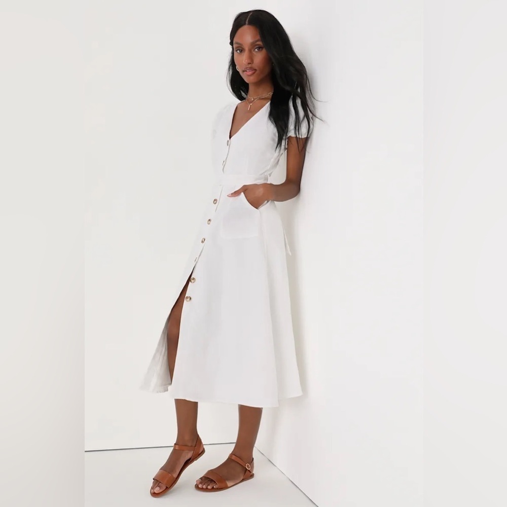 Lulus Sicily Sweetheart White Button-Front Puff Sleeve
Midi Dress - Picture 3 of 9